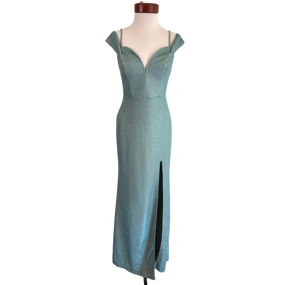 Seafoam Glitter Formal Maxi Dress‎ Gown Off Shoulder Shimmer Prom Mermaidcore 7